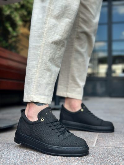 BA0152 Bağcıklı Yüksek Taban Siyah Keten Siyah Taban Erkek Ayakkabı