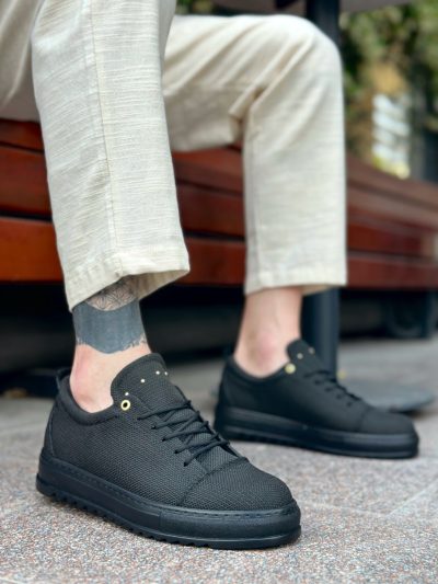 BA0152 Bağcıklı Yüksek Taban Siyah Keten Siyah Taban Erkek Ayakkabı