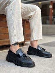 BA0240 Yüksek Taban Klasik Parlak Püsküllü Siyah Taban Erkek Ayakkabı