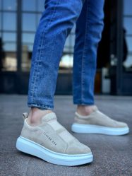 BA0307 BOA Kalın Süet Yüksek Taban Çift Bant Krem Erkek Ayakkabı