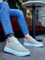 BA0307 BOA Kalın Süet Yüksek Taban Çift Bant Krem Erkek Ayakkabı