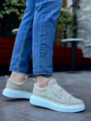 BA0307 BOA Kalın Süet Yüksek Taban Çift Bant Krem Erkek Ayakkabı