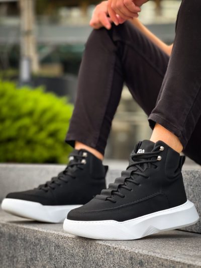 BA0321 Gizli Bağcıklı Erkek Yüksek Taban Siyah Beyaz Spor Bot