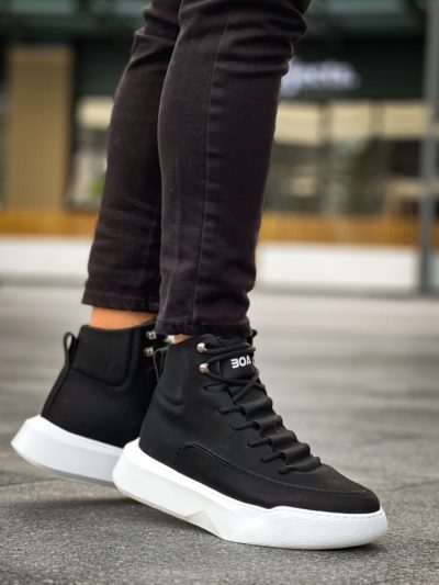 BA0321 Gizli Bağcıklı Erkek Yüksek Taban Siyah Beyaz Spor Bot