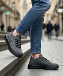 BA0332 Merdiven Desen Bağcıklı Erkek Yüksek Taban Füme Cilt Spor Ayakkabı