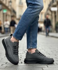 BA0332 Merdiven Desen Bağcıklı Erkek Yüksek Taban Füme Cilt Spor Ayakkabı