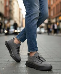 BA0332 Merdiven Desen Bağcıklı Erkek Yüksek Taban Füme Cilt Spor Ayakkabı