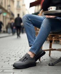 BA0332 Merdiven Desen Bağcıklı Erkek Yüksek Taban Füme Cilt Spor Ayakkabı