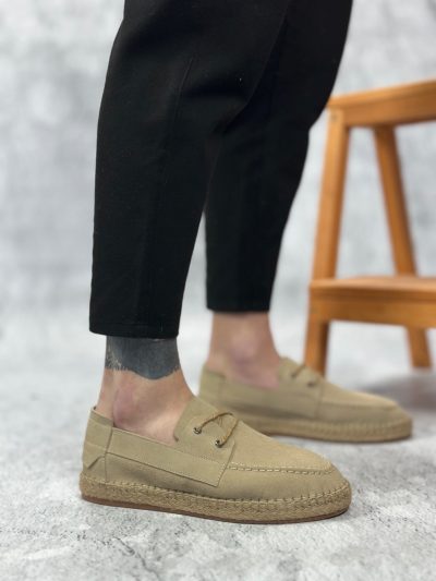 BA0358 BOA Doğal Deri Tozu Bağcıklı Kauçuk El Yapımı Espadril Taban Bej Renk Erkek Ayakkabı