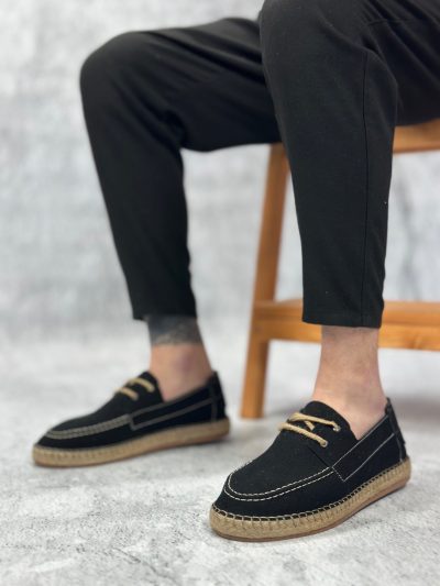 BA0358 BOA Doğal Deri Tozu Bağcıklı Kauçuk El Yapımı Espadril Taban Siyah Renk Erkek Ayakkabı