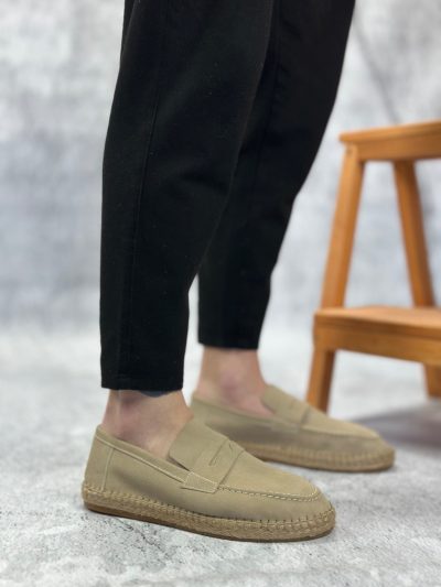 BA0359 BOA Doğal Deri Tozu Bağcıksız Kauçuk El Yapımı Espadril Taban Krem Renk Erkek Ayakkabı