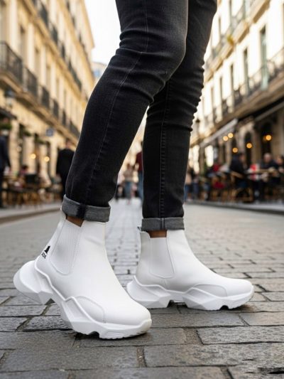 BA0444 Bağcıksız Rahat Yüksek Taban Beyaz Erkek Spor Yarım Bilek Bot