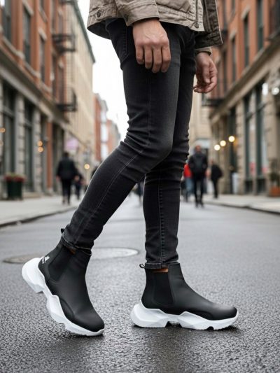 BA0444 Bağcıksız Rahat Yüksek Taban Siyah Beyaz Taban Erkek Spor Yarım Bilek Bot