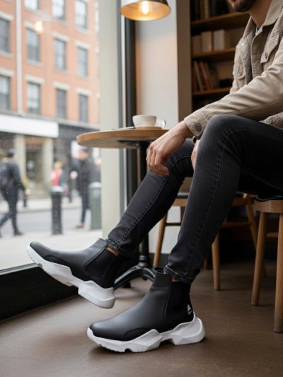 BA0444 Bağcıksız Rahat Yüksek Taban Siyah Beyaz Taban Erkek Spor Yarım Bilek Bot