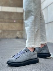 BA0547 BOA Kalın Yüksek Taban Gri Siyah Süet Bağcıklı Spor Erkek Ayakkabı