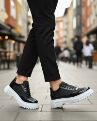 BA0243 Bağcıklı Rugan Paraşüt Detaylı Yüksek Taban Siyah Erkek Ayakkabı