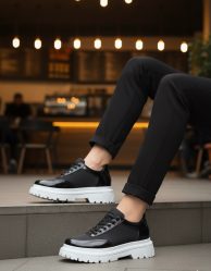 BA0243 Bağcıklı Rugan Paraşüt Detaylı Yüksek Taban Siyah Erkek Ayakkabı