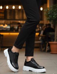 BA0243 Bağcıklı Rugan Paraşüt Detaylı Yüksek Taban Siyah Erkek Ayakkabı