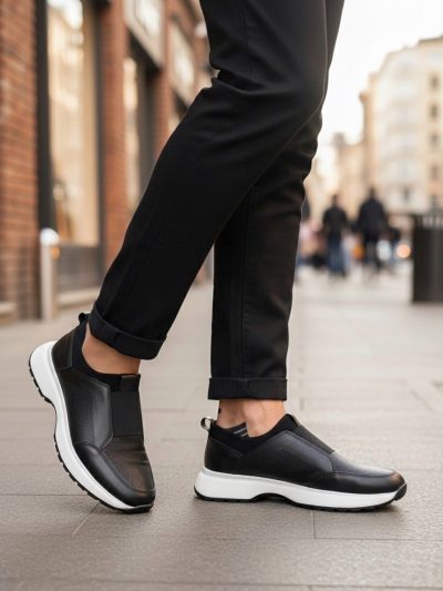 BA0244 İçi Dışı Hakiki Deri Bantlı Rahat Taban Casual Siyah Erkek Ayakkabı