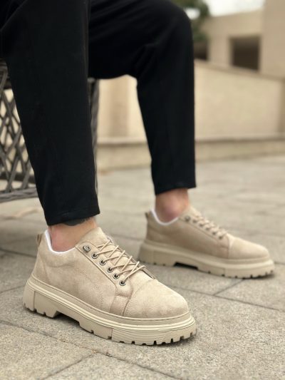 BA0245 Krem Süet Akıllı Lastik Bağcık Yüksek Taban Günlük Erkek Ayakkabı