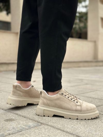 BA0245 Krem Süet Akıllı Lastik Bağcık Yüksek Taban Günlük Erkek Ayakkabı
