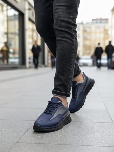 BA0246 Lacivert Gri Parçalı Bağcıklı Yüksek Taban Günlük Erkek Ayakkabı