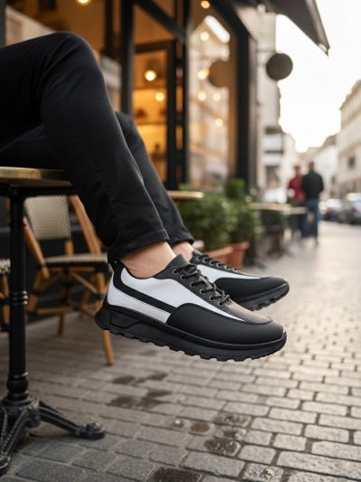 BA0246 Siyah Beyaz Parçalı Bağcıklı Yüksek Taban Günlük Erkek Ayakkabı